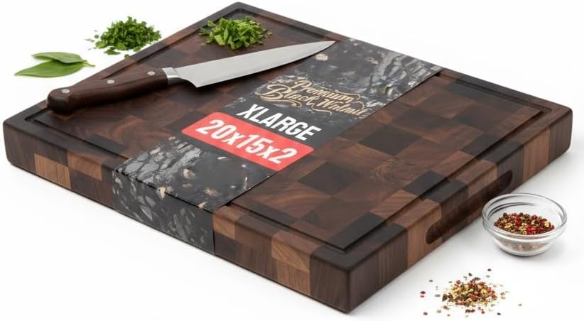 20x15x2" Premium Walnut Wood Cutting Board, Handcrafted Butcher Block with Checkered Pattern, Professional Kitchen Chopping Board Gift Box Packaging Beeswax & Olive oil