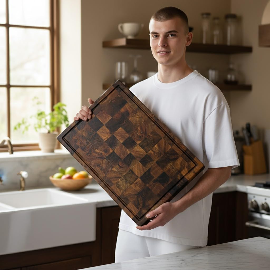 20x15x2" Premium Walnut Wood Cutting Board, Handcrafted Butcher Block with Checkered Pattern, Professional Kitchen Chopping Board Gift Box Packaging Beeswax & Olive oil