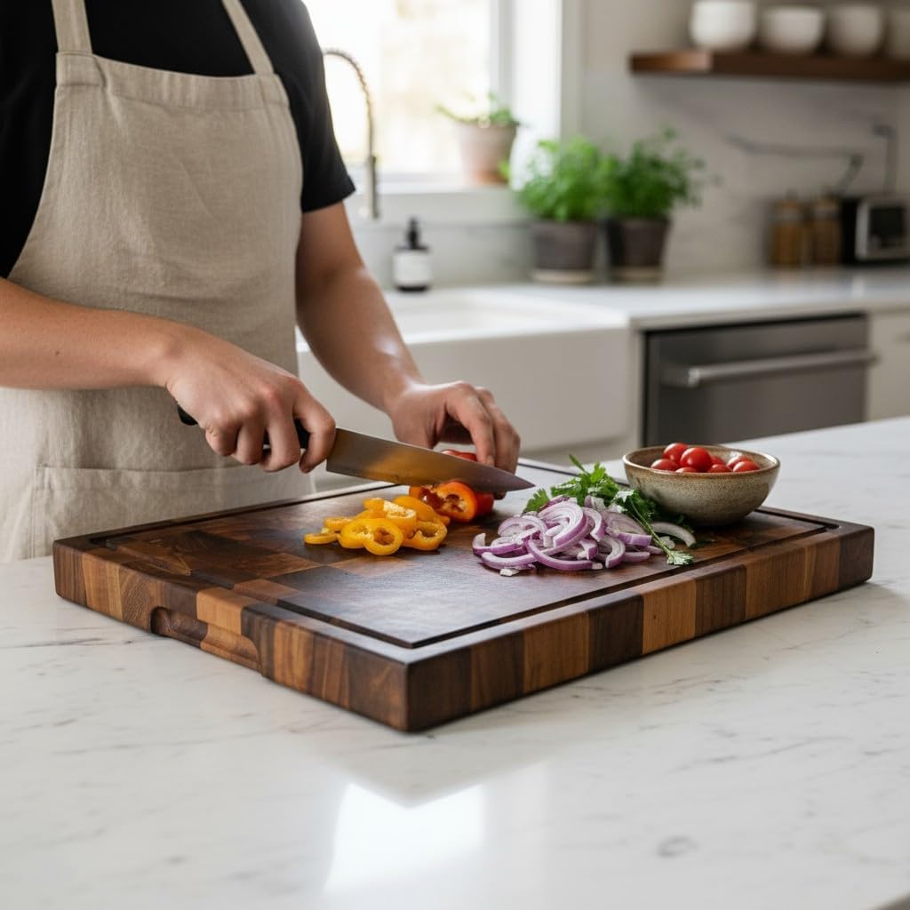 20x15x2" Premium Walnut Wood Cutting Board, Handcrafted Butcher Block with Checkered Pattern, Professional Kitchen Chopping Board Gift Box Packaging Beeswax & Olive oil