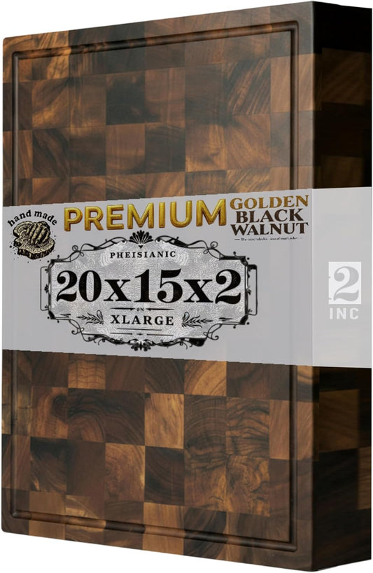 20x15x2" Premium Walnut Wood Cutting Board, Handcrafted Butcher Block with Checkered Pattern, Professional Kitchen Chopping Board Gift Box Packaging Beeswax & Olive oil