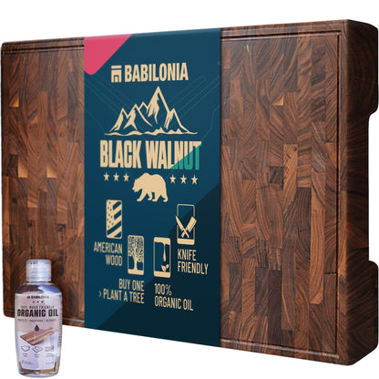 American Black Walnut Cutting Board - 15.7 x 10.2 Inch (ExtraThick 1.7") Hardwood Butcher Block, Charcuterie, Heavy Duty End Grain Wood Chopping Board with Juice Groove & Handle (Oil & Plate Included)