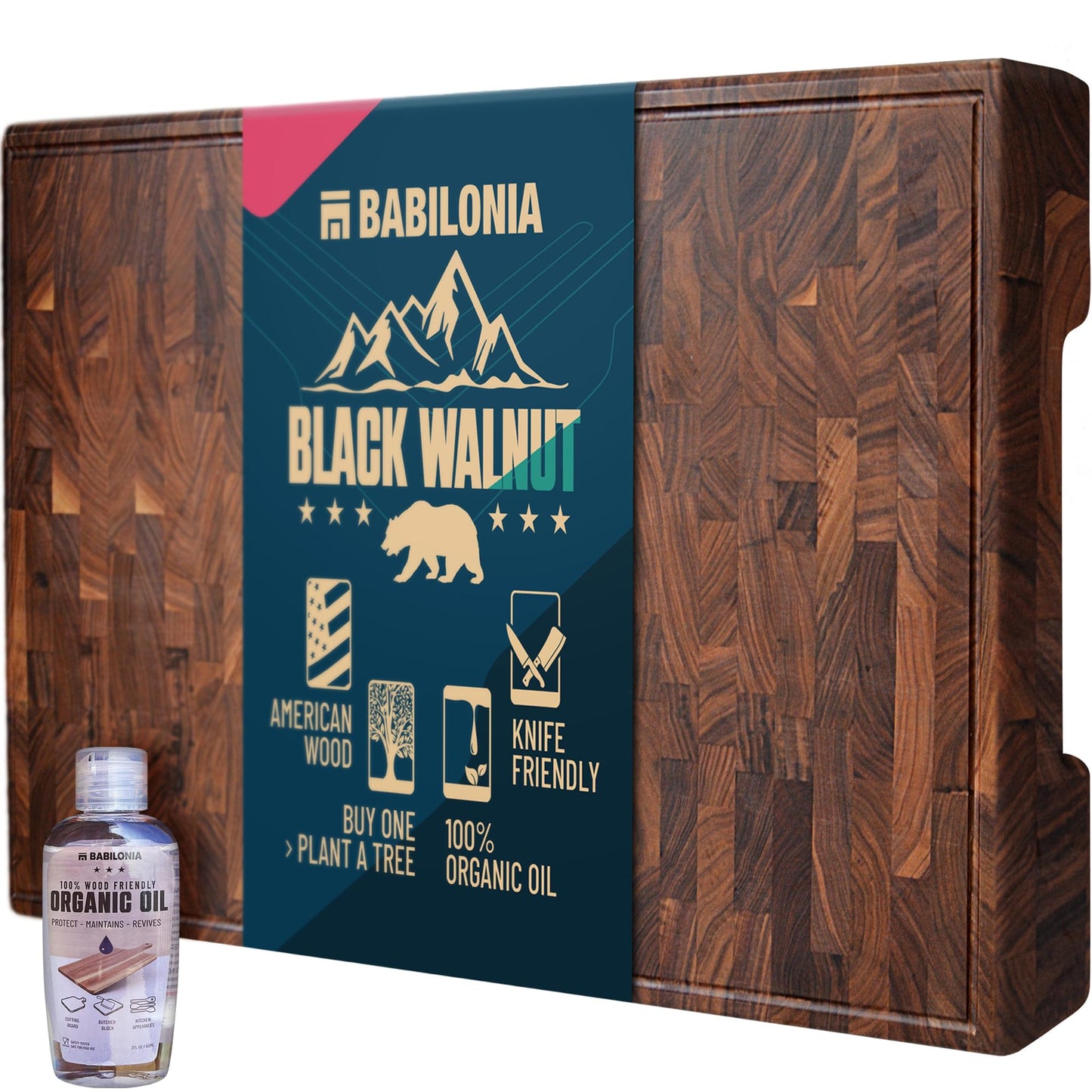 American Black Walnut Cutting Board - 15.7 x 10.2 Inch (ExtraThick 1.7") Hardwood Butcher Block, Charcuterie, Heavy Duty End Grain Wood Chopping Board with Juice Groove & Handle (Oil & Plate Included)