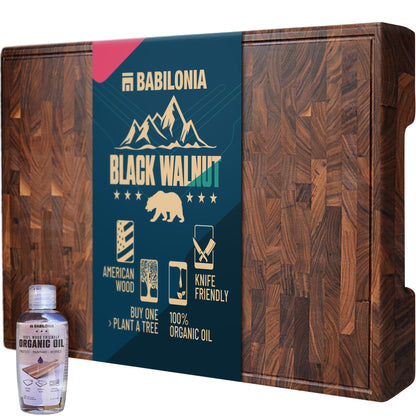 American Black Walnut Cutting Board - 15.7 x 10.2 Inch (ExtraThick 1.7") Hardwood Butcher Block, Charcuterie, Heavy Duty End Grain Wood Chopping Board with Juice Groove & Handle (Oil & Plate Included)